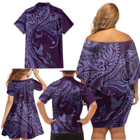 Hawaiian Manta Ray and Polynesian Tribal Tattoo Family Matching Off Shoulder Short Dress and Hawaiian Shirt Purple Color LT03