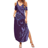 Hawaiian Manta Ray and Polynesian Tribal Tattoo Family Matching Summer Maxi Dress and Hawaiian Shirt Purple Color LT03
