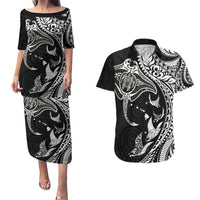 Hawaiian Manta Ray and Polynesian Tribal Tattoo Couples Matching Puletasi and Hawaiian Shirt Black Color LT03