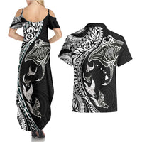 Hawaiian Manta Ray and Polynesian Tribal Tattoo Couples Matching Summer Maxi Dress and Hawaiian Shirt Black Color LT03