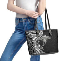 Hawaiian Manta Ray and Polynesian Tribal Tattoo Leather Tote Bag Black Color LT03 - Polynesian Pride