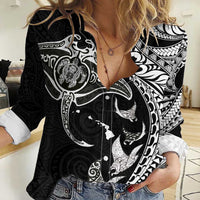 Hawaiian Manta Ray and Polynesian Tribal Tattoo Women Casual Shirt Black Color LT03