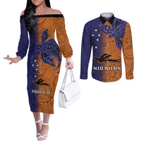 Custom Papua New Guinea New Ireland Province Couples Matching Off The Shoulder Long Sleeve Dress and Long Sleeve Button Shirts PNG Birds Of Paradise Polynesian Arty Style LT03 Orange - Polynesian Pride