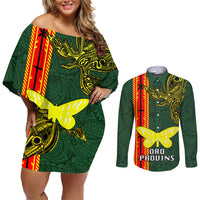 Papua New Guinea Oro Province Couples Matching Off Shoulder Short Dress and Long Sleeve Button Shirts PNG Birds Of Paradise Polynesian Arty Style LT03 Green - Polynesian Pride