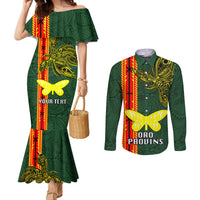 Custom Papua New Guinea Oro Province Couples Matching Mermaid Dress and Long Sleeve Button Shirts PNG Birds Of Paradise Polynesian Arty Style LT03 Green - Polynesian Pride