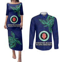 Papua New Guinea Bougainville Couples Matching Puletasi Dress and Long Sleeve Button Shirts PNG Birds Of Paradise Polynesian Arty Style LT03 Blue - Polynesian Pride