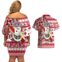 Hawaii Mele Kalikimaka Couples Matching Off Shoulder Short Dress and Hawaiian Shirt Santa Claus Surfing with Hawaiian Pattern Striped Red Style LT03 - Polynesian Pride