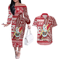 Hawaii Mele Kalikimaka Couples Matching Off The Shoulder Long Sleeve Dress and Hawaiian Shirt Santa Claus Surfing with Hawaiian Pattern Striped Red Style LT03 Red - Polynesian Pride