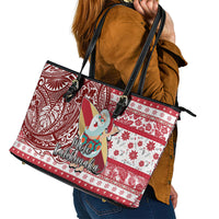 Hawaii Mele Kalikimaka Leather Tote Bag Santa Claus Surfing with Hawaiian Pattern Striped Red Style LT03 - Polynesian Pride