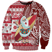 Hawaii Mele Kalikimaka Sweatshirt Santa Claus Surfing with Hawaiian Pattern Striped Red Style LT03 Unisex Red - Polynesian Pride