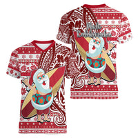 Hawaii Mele Kalikimaka Women V Neck T Shirt Santa Claus Surfing with Hawaiian Pattern Striped Red Style LT03 - Polynesian Pride