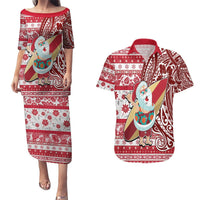 Custom Hawaii Mele Kalikimaka Couples Matching Puletasi Dress and Hawaiian Shirt Santa Claus Surfing with Hawaiian Pattern Striped Red Style LT03 Red - Polynesian Pride