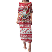 Custom Hawaii Mele Kalikimaka Puletasi Santa Claus Surfing with Hawaiian Pattern Striped Red Style LT03 Long Dress Red - Polynesian Pride
