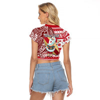 Custom Hawaii Mele Kalikimaka Raglan Cropped T Shirt Santa Claus Surfing with Hawaiian Pattern Striped Red Style LT03 - Polynesian Pride