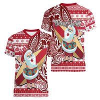Custom Hawaii Mele Kalikimaka Women V Neck T Shirt Santa Claus Surfing with Hawaiian Pattern Striped Red Style LT03 - Polynesian Pride