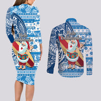 Hawaii Mele Kalikimaka Couples Matching Long Sleeve Bodycon Dress and Long Sleeve Button Shirt Santa Claus Surfing with Hawaiian Pattern Striped Blue Style LT03 - Polynesian Pride