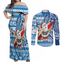 Hawaii Mele Kalikimaka Couples Matching Off Shoulder Maxi Dress and Long Sleeve Button Shirt Santa Claus Surfing with Hawaiian Pattern Striped Blue Style LT03 Blue - Polynesian Pride