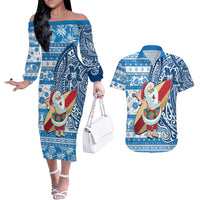 Hawaii Mele Kalikimaka Couples Matching Off The Shoulder Long Sleeve Dress and Hawaiian Shirt Santa Claus Surfing with Hawaiian Pattern Striped Blue Style LT03 Blue - Polynesian Pride