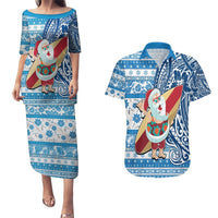 Hawaii Mele Kalikimaka Couples Matching Puletasi Dress and Hawaiian Shirt Santa Claus Surfing with Hawaiian Pattern Striped Blue Style LT03 Blue - Polynesian Pride
