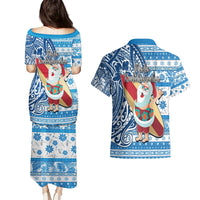 Hawaii Mele Kalikimaka Couples Matching Puletasi Dress and Hawaiian Shirt Santa Claus Surfing with Hawaiian Pattern Striped Blue Style LT03 - Polynesian Pride
