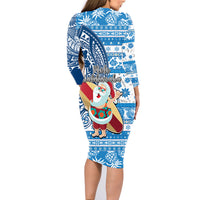 Hawaii Mele Kalikimaka Family Matching Long Sleeve Bodycon Dress and Hawaiian Shirt Santa Claus Surfing with Hawaiian Pattern Striped Blue Style LT03 - Polynesian Pride