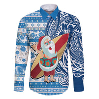 Hawaii Mele Kalikimaka Family Matching Tank Maxi Dress and Hawaiian Shirt Santa Claus Surfing with Hawaiian Pattern Striped Blue Style LT03 Dad's Shirt - Long Sleeve Blue - Polynesian Pride