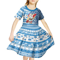 Hawaii Mele Kalikimaka Kid Short Sleeve Dress Santa Claus Surfing with Hawaiian Pattern Striped Blue Style LT03 - Polynesian Pride