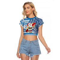 Hawaii Mele Kalikimaka Raglan Cropped T Shirt Santa Claus Surfing with Hawaiian Pattern Striped Blue Style LT03 Female Blue - Polynesian Pride