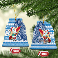 Custom Hawaii Mele Kalikimaka Ceramic Ornament Santa Claus Surfing with Hawaiian Pattern Striped Blue Style LT03 Bell Flake Blue - Polynesian Pride