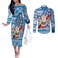 Custom Hawaii Mele Kalikimaka Couples Matching Off The Shoulder Long Sleeve Dress and Long Sleeve Button Shirt Santa Claus Surfing with Hawaiian Pattern Striped Blue Style LT03 Blue - Polynesian Pride