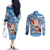 Custom Hawaii Mele Kalikimaka Couples Matching Off The Shoulder Long Sleeve Dress and Long Sleeve Button Shirt Santa Claus Surfing with Hawaiian Pattern Striped Blue Style LT03 - Polynesian Pride