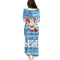 Custom Hawaii Mele Kalikimaka Puletasi Santa Claus Surfing with Hawaiian Pattern Striped Blue Style LT03 - Polynesian Pride