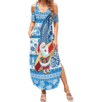 Custom Hawaii Mele Kalikimaka Summer Maxi Dress Santa Claus Surfing with Hawaiian Pattern Striped Blue Style LT03 Women Blue - Polynesian Pride