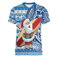 Custom Hawaii Mele Kalikimaka Women V Neck T Shirt Santa Claus Surfing with Hawaiian Pattern Striped Blue Style LT03 Female Blue - Polynesian Pride