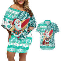 Hawaii Mele Kalikimaka Couples Matching Off Shoulder Short Dress and Hawaiian Shirt Santa Claus Surfing with Hawaiian Pattern Striped Turquoise Style LT03 Turquoise - Polynesian Pride