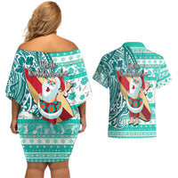 Hawaii Mele Kalikimaka Couples Matching Off Shoulder Short Dress and Hawaiian Shirt Santa Claus Surfing with Hawaiian Pattern Striped Turquoise Style LT03 - Polynesian Pride