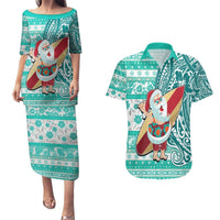 Hawaii Mele Kalikimaka Couples Matching Puletasi Dress and Hawaiian Shirt Santa Claus Surfing with Hawaiian Pattern Striped Turquoise Style LT03 Turquoise - Polynesian Pride