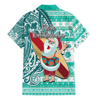 Hawaii Mele Kalikimaka Family Matching Mermaid Dress and Hawaiian Shirt Santa Claus Surfing with Hawaiian Pattern Striped Turquoise Style LT03 - Polynesian Pride