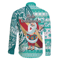 Hawaii Mele Kalikimaka Family Matching Puletasi Dress and Hawaiian Shirt Santa Claus Surfing with Hawaiian Pattern Striped Turquoise Style LT03 - Polynesian Pride