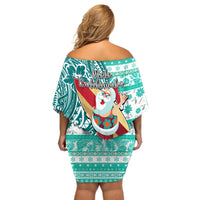 Hawaii Mele Kalikimaka Off Shoulder Short Dress Santa Claus Surfing with Hawaiian Pattern Striped Turquoise Style LT03 - Polynesian Pride