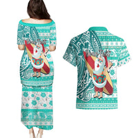 Custom Hawaii Mele Kalikimaka Couples Matching Puletasi Dress and Hawaiian Shirt Santa Claus Surfing with Hawaiian Pattern Striped Turquoise Style LT03 - Polynesian Pride