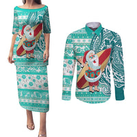 Custom Hawaii Mele Kalikimaka Couples Matching Puletasi Dress and Long Sleeve Button Shirt Santa Claus Surfing with Hawaiian Pattern Striped Turquoise Style LT03 Turquoise - Polynesian Pride