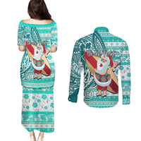 Custom Hawaii Mele Kalikimaka Couples Matching Puletasi Dress and Long Sleeve Button Shirt Santa Claus Surfing with Hawaiian Pattern Striped Turquoise Style LT03 - Polynesian Pride