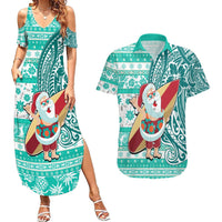 Custom Hawaii Mele Kalikimaka Couples Matching Summer Maxi Dress and Hawaiian Shirt Santa Claus Surfing with Hawaiian Pattern Striped Turquoise Style LT03 Turquoise - Polynesian Pride