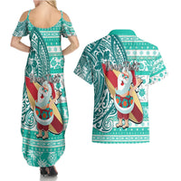Custom Hawaii Mele Kalikimaka Couples Matching Summer Maxi Dress and Hawaiian Shirt Santa Claus Surfing with Hawaiian Pattern Striped Turquoise Style LT03 - Polynesian Pride