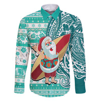 Custom Hawaii Mele Kalikimaka Family Matching Mermaid Dress and Hawaiian Shirt Santa Claus Surfing with Hawaiian Pattern Striped Turquoise Style LT03 Dad's Shirt - Long Sleeve Turquoise - Polynesian Pride