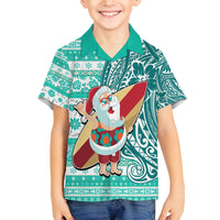Custom Hawaii Mele Kalikimaka Family Matching Puletasi Dress and Hawaiian Shirt Santa Claus Surfing with Hawaiian Pattern Striped Turquoise Style LT03 Son's Shirt Turquoise - Polynesian Pride