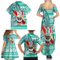 Custom Hawaii Mele Kalikimaka Family Matching Summer Maxi Dress and Hawaiian Shirt Santa Claus Surfing with Hawaiian Pattern Striped Turquoise Style LT03 - Polynesian Pride