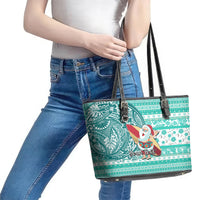 Custom Hawaii Mele Kalikimaka Leather Tote Bag Santa Claus Surfing with Hawaiian Pattern Striped Turquoise Style LT03 - Polynesian Pride