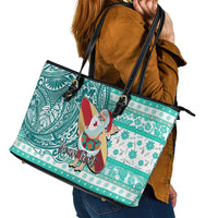 Custom Hawaii Mele Kalikimaka Leather Tote Bag Santa Claus Surfing with Hawaiian Pattern Striped Turquoise Style LT03 - Polynesian Pride